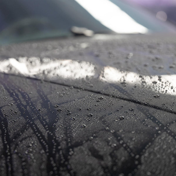 Car care: Water beading on a dark, freshly detailed car.