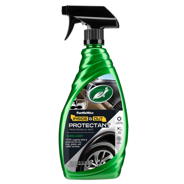 Green spray bottle of Turtle Wax Inside & Out Protectant for car interior and exterior, with tire and dashboard images on the label.