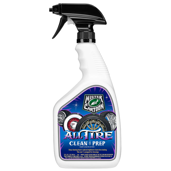 Turtle Wax Mister Cartoon tire cleaner in a spray bottle with custom wheel art on the label. Car detailing for a 
