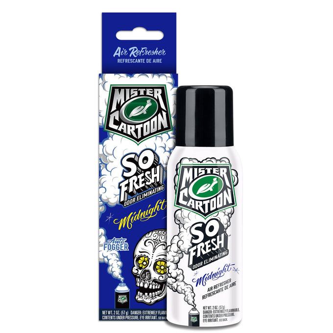 Mister Cartoon's Midnight car air freshener. Odor eliminator with skull & fogger graphics. 