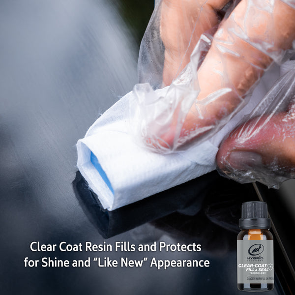 Applying Turtle Wax clear coat for car scratch repair, showing bottle & applicator. Perfect for auto detailing & paint correction.
