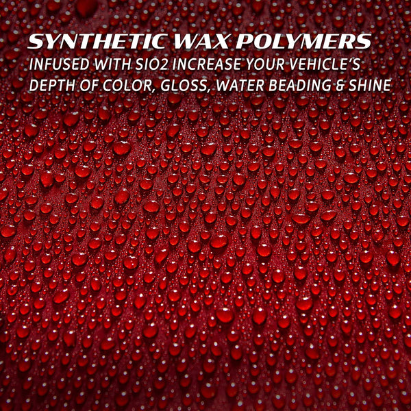 Water beads on a deep red, glossy car finish, showing great hydrophobic properties after auto detailing product application.