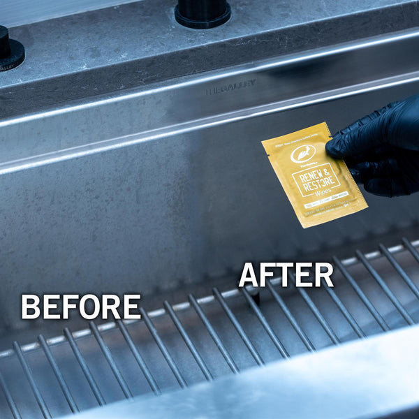 Before & after using Turtle Wax Renew & Restore Wipes on a metal surface. Auto, home, & marine use.